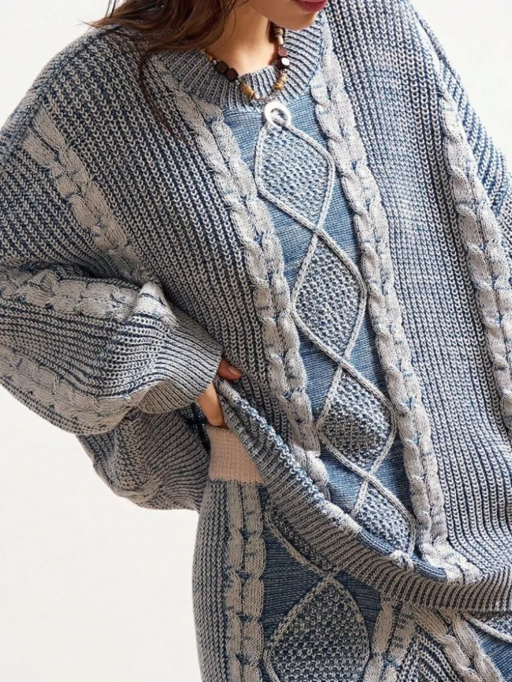 Blue & Gray Marled Cable Knit Oversized Sweater